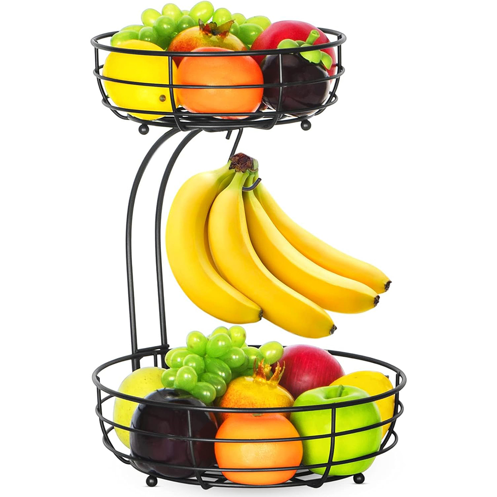 Food Storage Rack For Kitchen - LMETJMA ตะกร้าใส่ผลไม้ 2 ชั้นพร้อมที่แขวนกล้วย ตะกร้าใส่ผลไม้แบบลวดโลหะสำหรับห้องครัว ที่วางผลไม้