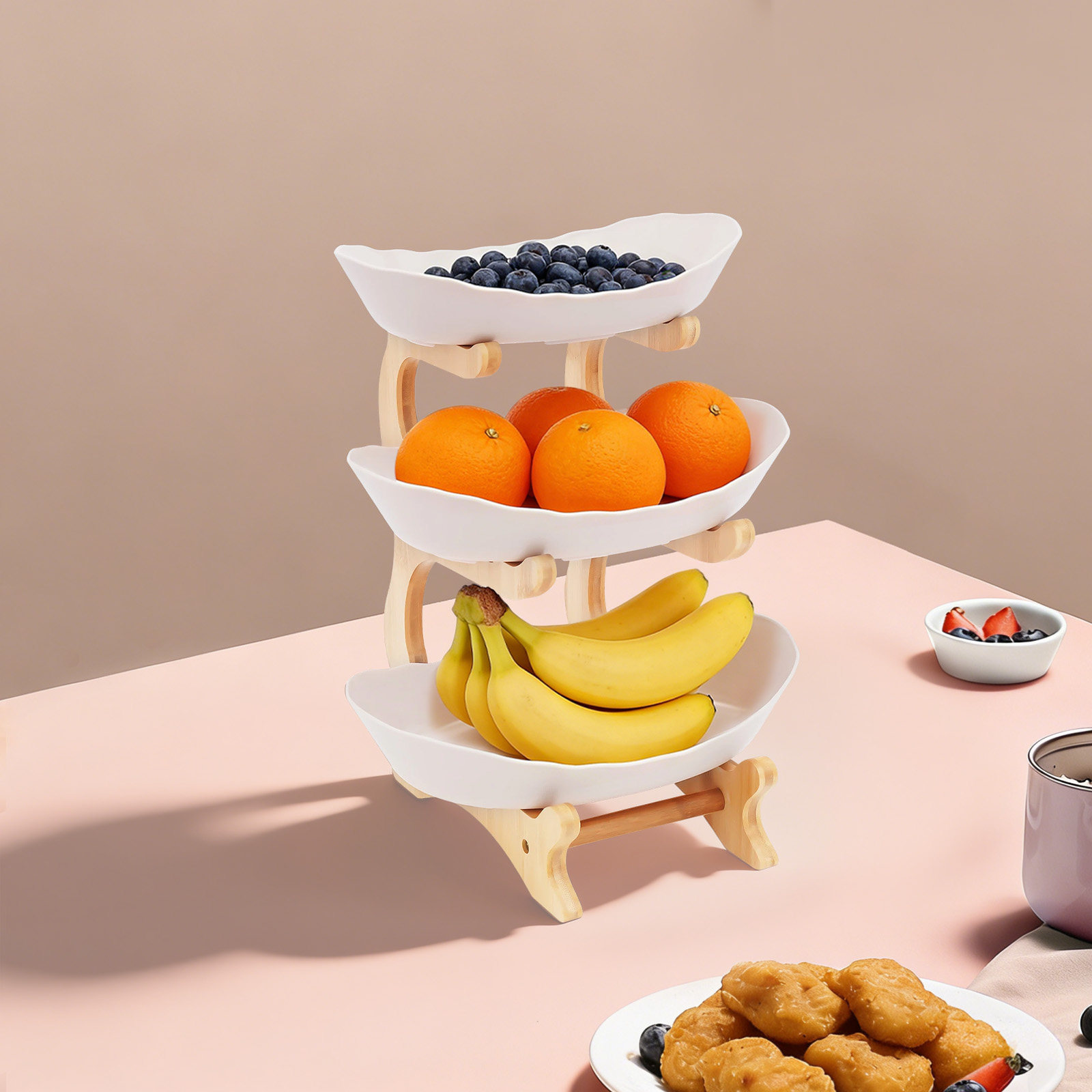 Food Storage Rack For Kitchen - ชั้นวางผักแบบหลายชั้น ชั้นวางของในครัวแบบสามชั้น ถาดผลไม้แบบซ้อนได้ วัสดุเกรดอาหาร PP โครงไม้ไผ่