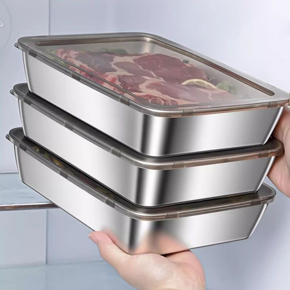 Food Storage Box Stainless Steel - ถาดเสิร์ฟสแตนเลสเกรดอาหารพร้อมฝาปิด, ภาชนะเก็บอาหารทรงสี่เหลี่ยมอเนกประสงค์, ถาดอาหารในครัวแบบปิดสนิทพร้อมฝาปิด