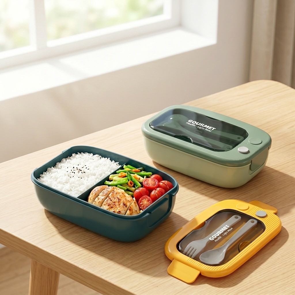 Food Storage With Scoop - กล่องเบนโตพลาสติกสำหรับไมโครเวฟ 2 ช่อง ป้องกันการรั่วซึม พร้อมช้อนส้อม กล่องใส่อาหารสำหรับเตรียมอาหาร