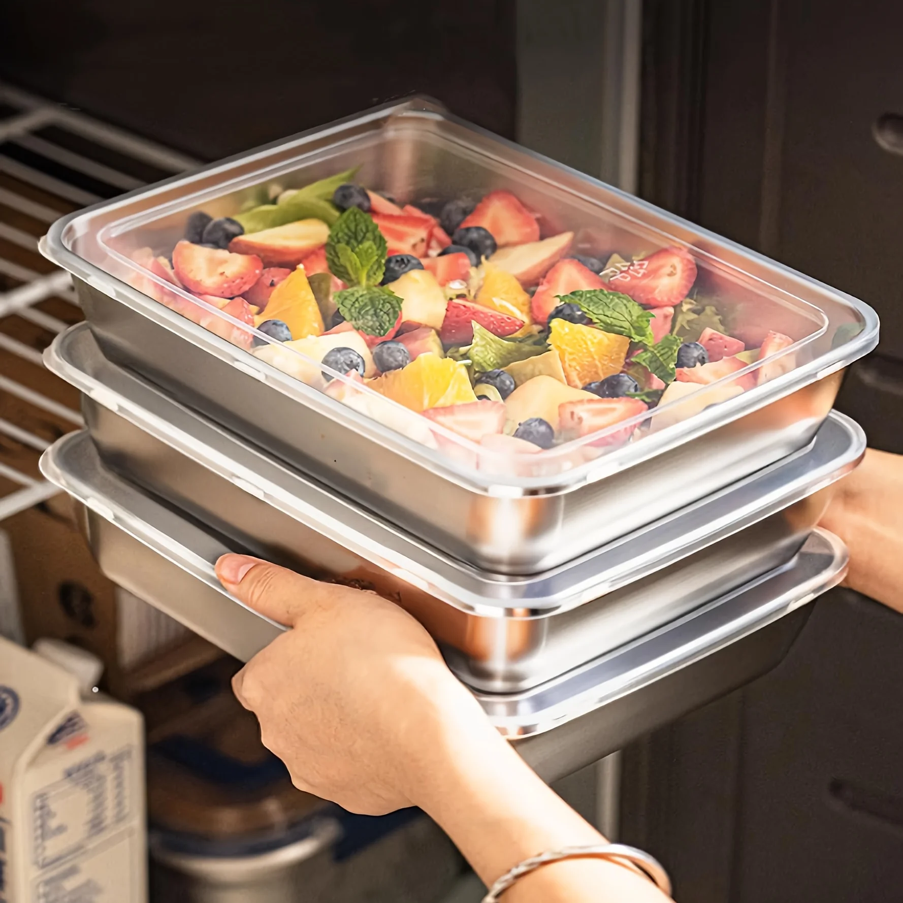 Food Storage Box Stainless Steel - กล่องใส่อาหารสแตนเลส 3 ชิ้น & กล่องอาหารกลางวัน ฝาปิดใสกันรั่วซึม
