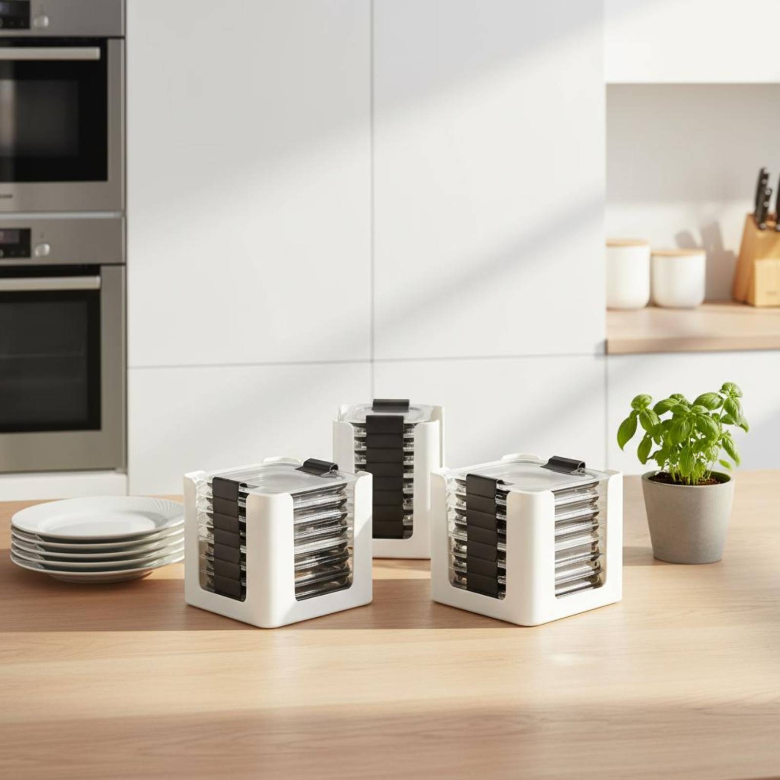 Food Storage Rack For Kitchen - ชั้นวางฝาปิดภาชนะ 3 ชิ้น สำหรับจัดเก็บฝาภาชนะทรงสี่เหลี่ยมผืนผ้า ช่องเปิดทรงกลม-สี่เหลี่ยม ปลอดสาร