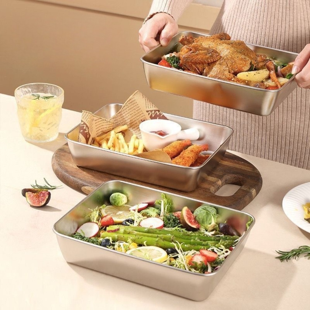 ถาดเสิร์ฟสแตนเลสเกรดอาหารพร้อม - Food Storage Box Stainless Steel บทวิจารณ์และราคา